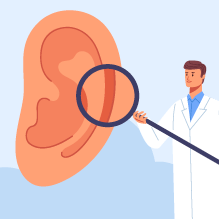 An illustration of a doctor holding a magnifying glass up to an ear