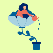 An illustration of a woman inside a flower watering the pot the flower is growing out of