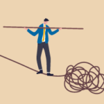 An illustration of a businessman walking a tight rope with a giant tangle in it