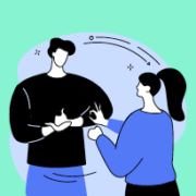 An illustration of a man and woman communicating with sign language