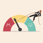 An illustration of a business woman wrangling a meter measuring her attitude with a rope