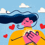 An illustration of a woman with her hands on her heart and heart shapes floating around her