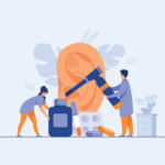 An illustration of two medical professionals inspecting an oversized ear
