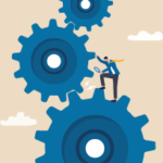 An illustration o f a man inspecting some oversized gears while standing on them