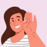 An illustration of a woman smiling while wearing hearing aids