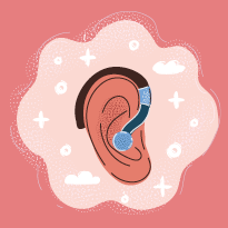 An illustration of an ear wearing a hearing aid surrounded by a cloud