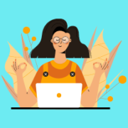 An illustration of a woman meditating in front of a laptop