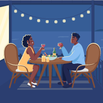An illustration of an African American couple enjoying a romantic dinner