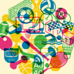 An illustration of dozens of sports related items and icons superimposed one over another