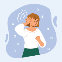 An illustration of a woman suffering from ringing in her ears called tinnitus
