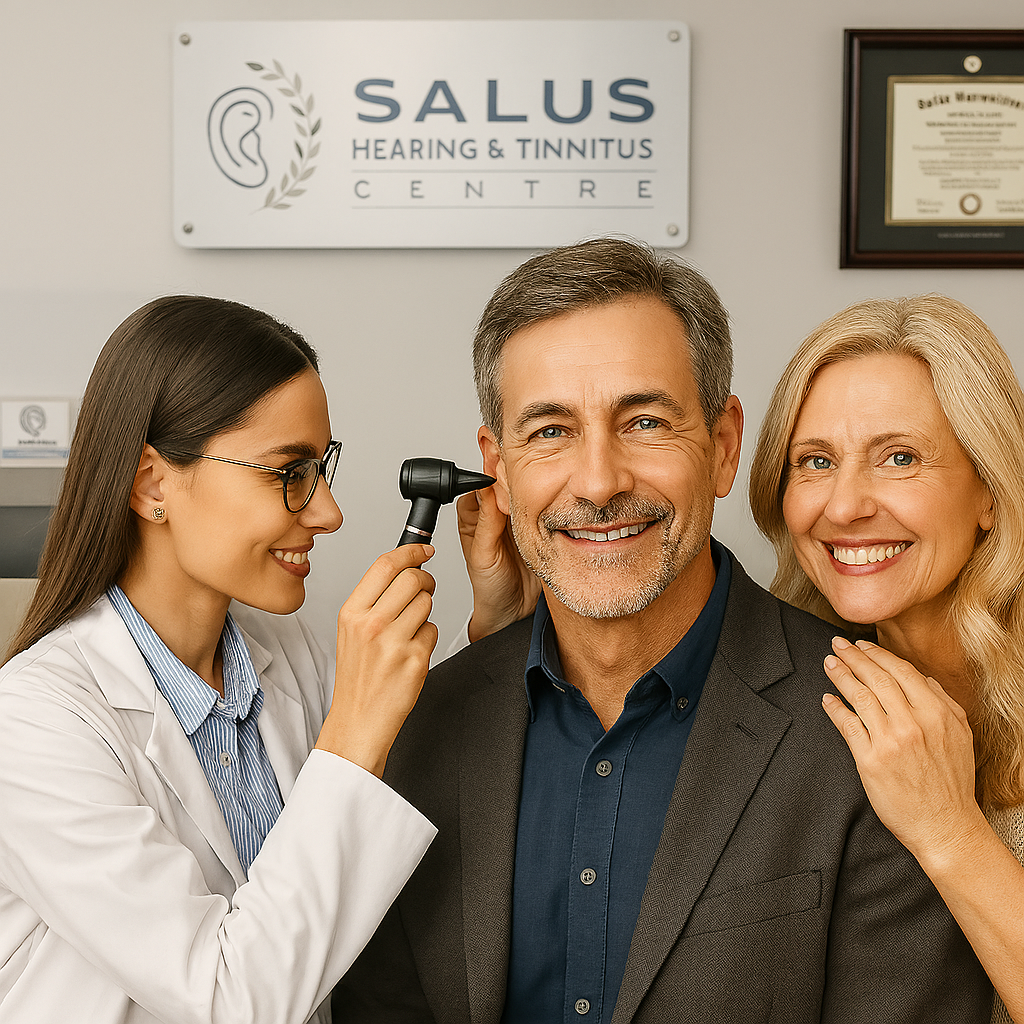 Audiologist checking a mans ears with his wife next to him