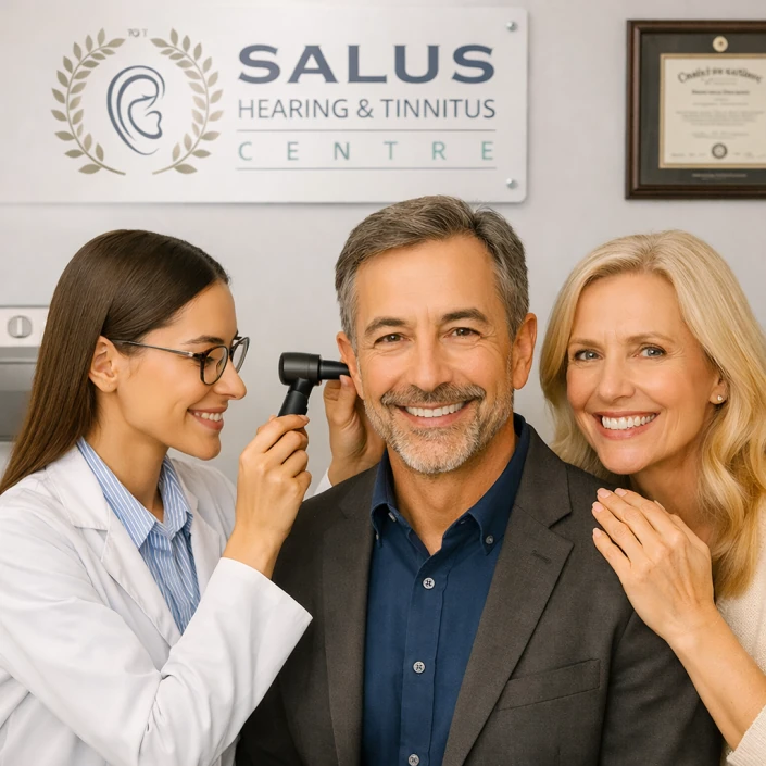 Audiologist checking a mans ears with his wife next to him