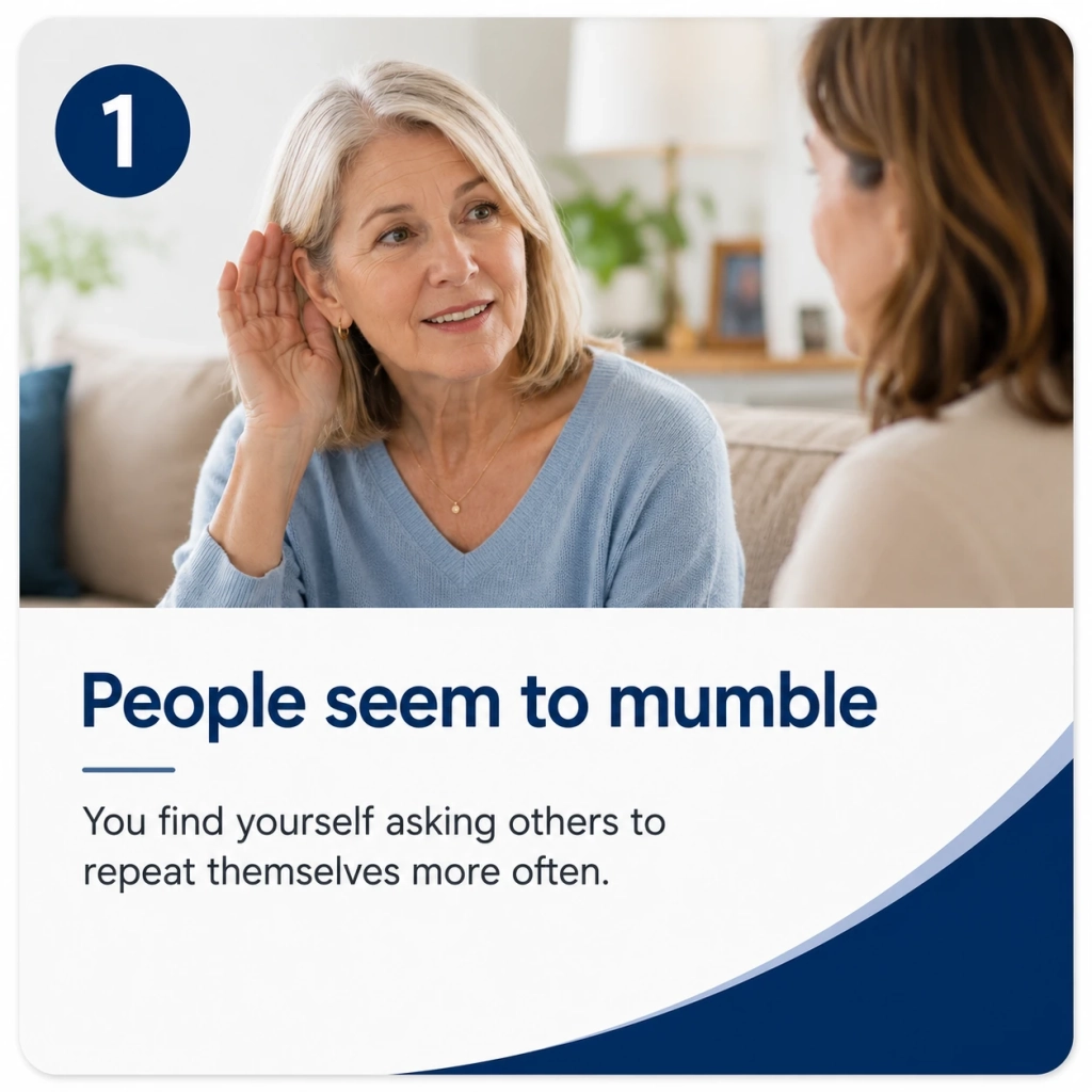 People seem to mumble You find yourself asking others to repeat themselves more often.